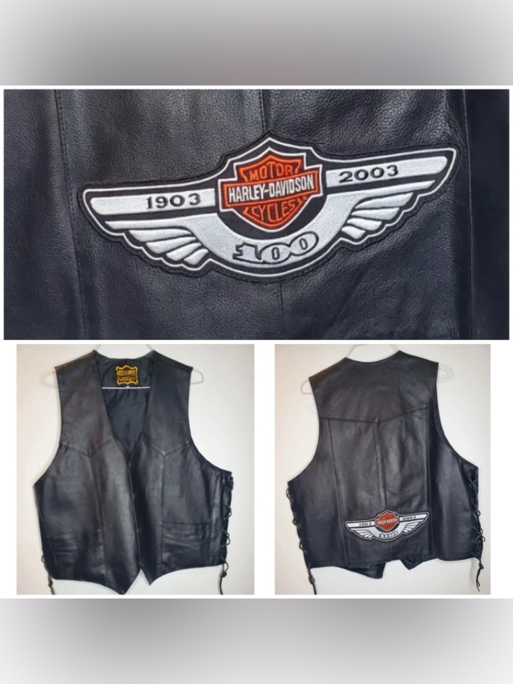 Harley Davidson Patch Genuine Leather Biker Vest 100 Years 1903-2003 Size 48